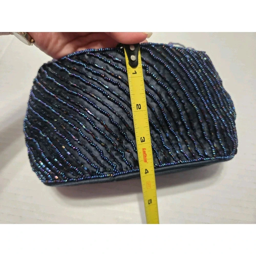 HANDCRAFTED BLUE PLEATED‎ BAG w/ BEAD DECORATION AND BEAD HANDLE EVENING HANDBAG